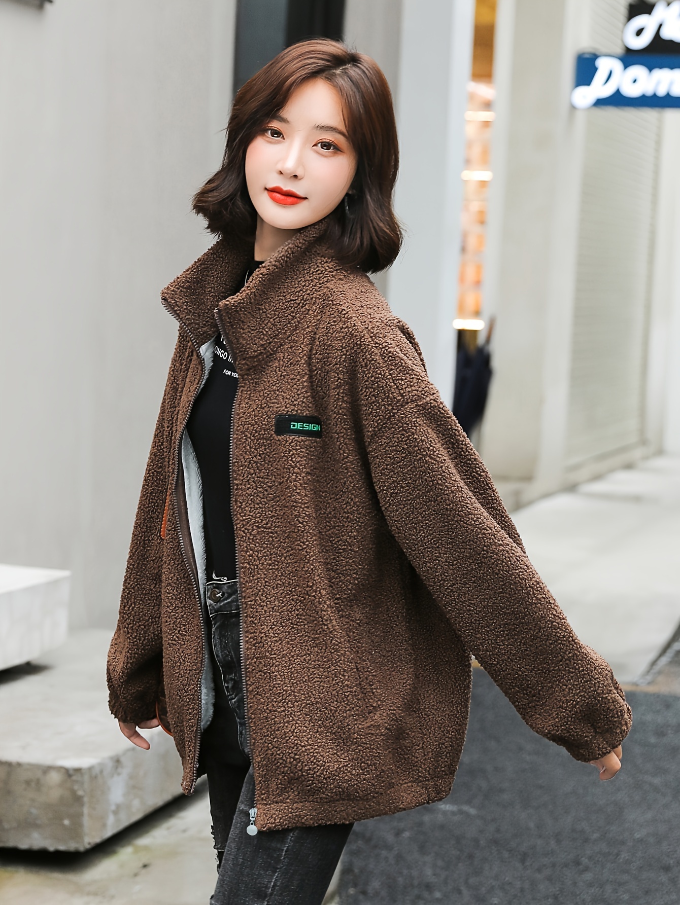 1pc cozy plus size womens casual sherpa jacket solid color polyester knit fabric with stretch stand collar long sleeve zip for details 4