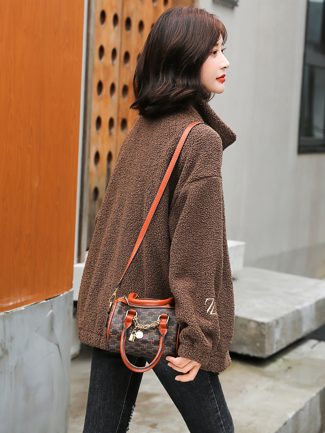 1pc cozy plus size womens casual sherpa jacket solid color polyester knit fabric with stretch stand collar long sleeve zip for details 5