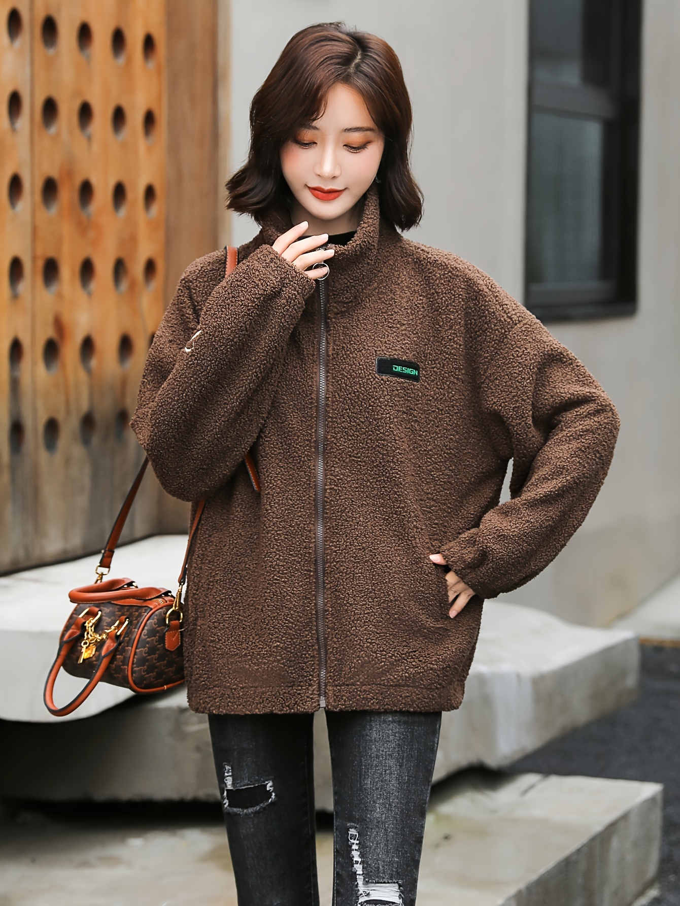 1pc cozy plus size womens casual sherpa jacket solid color polyester knit fabric with stretch stand collar long sleeve zip for details 7