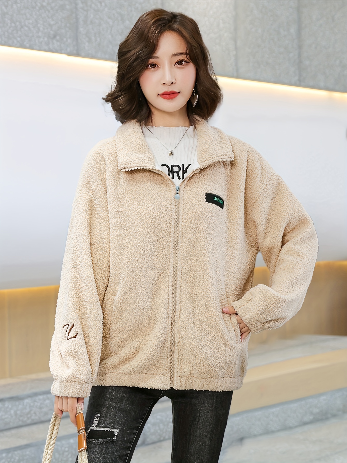 1pc cozy plus size womens casual sherpa jacket solid color polyester knit fabric with stretch stand collar long sleeve zip for details 9