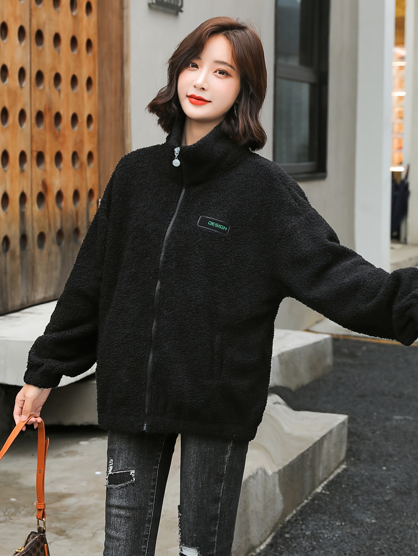 1pc cozy plus size womens casual sherpa jacket solid color polyester knit fabric with stretch stand collar long sleeve zip for details 14