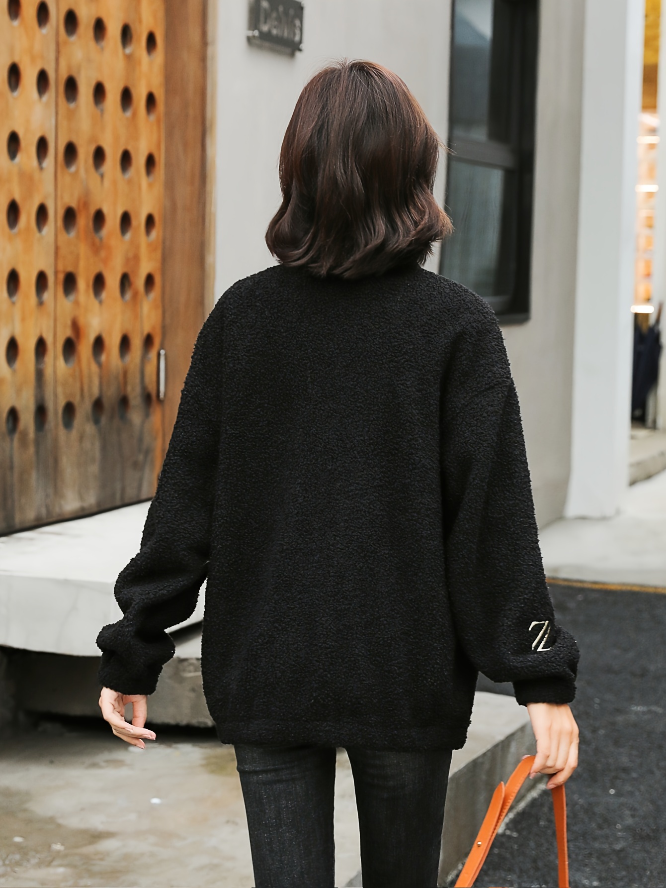 1pc cozy plus size womens casual sherpa jacket solid color polyester knit fabric with stretch stand collar long sleeve zip for details 15