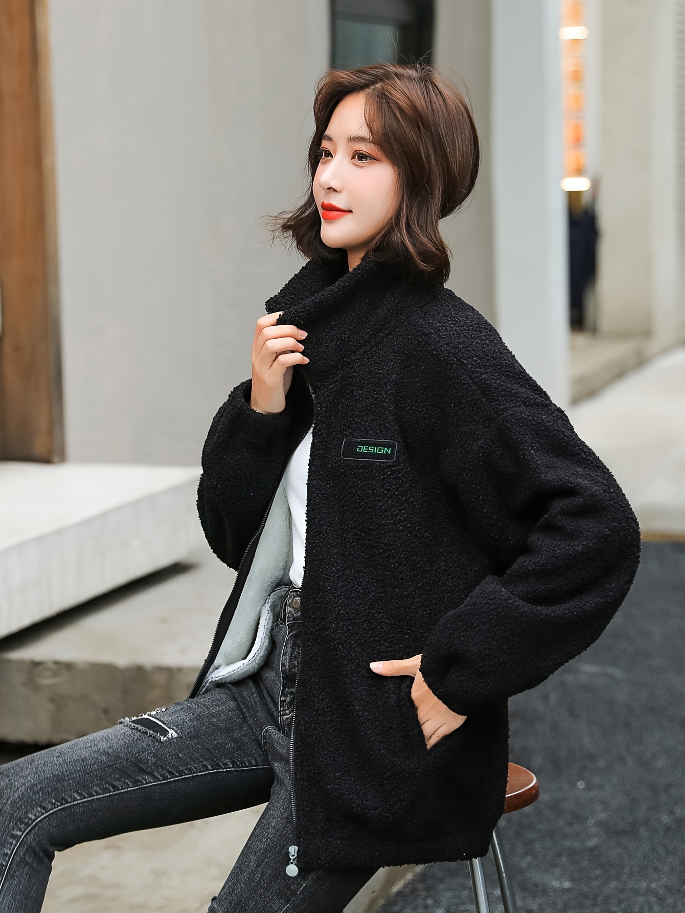 1pc cozy plus size womens casual sherpa jacket solid color polyester knit fabric with stretch stand collar long sleeve zip for details 20