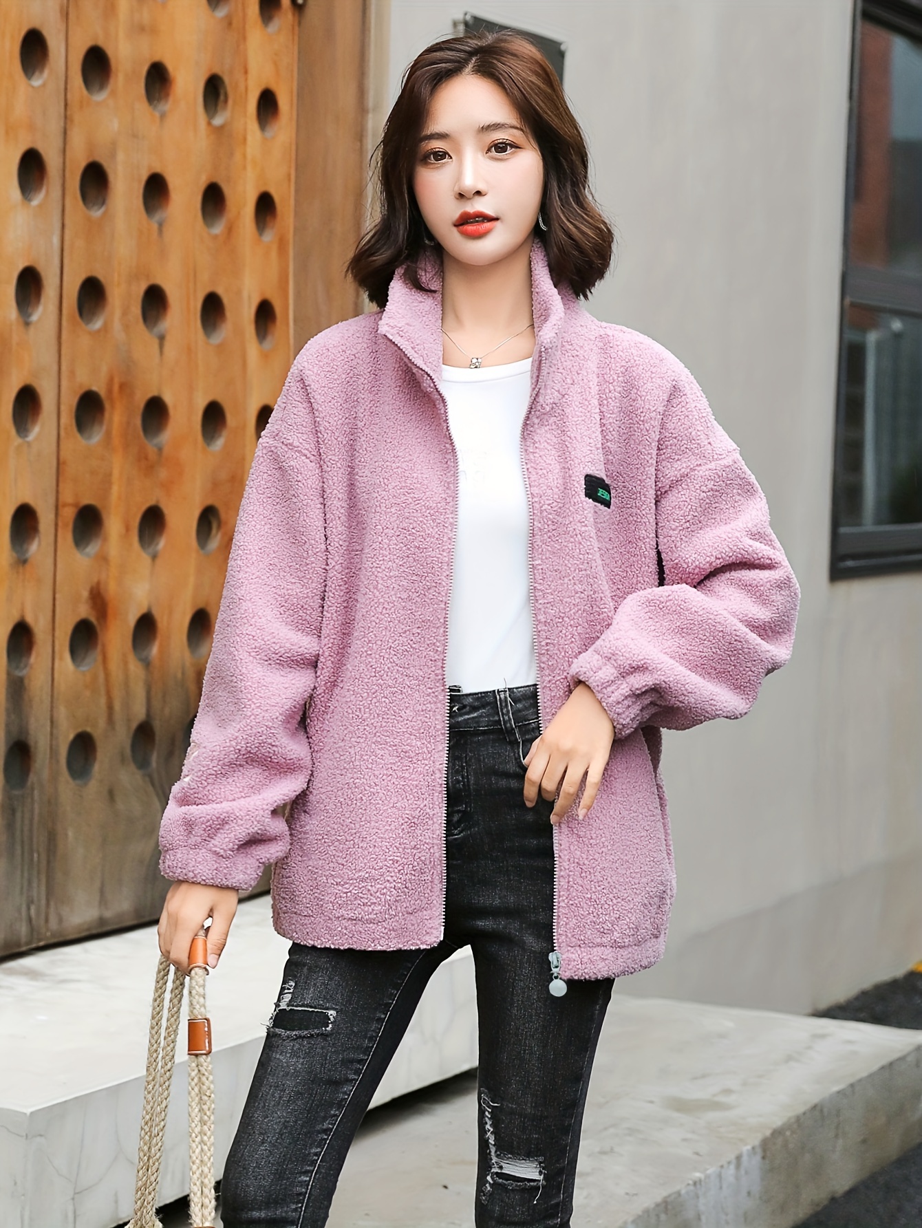 1pc cozy plus size womens casual sherpa jacket solid color polyester knit fabric with stretch stand collar long sleeve zip for details 21