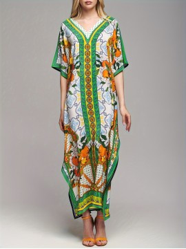 Plus Size Allover Print Coverup Dress, Vacation Batwing Sleeve Loose Beachwear Dress, Women's Plus Size Clothing