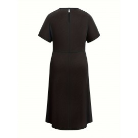 Plus Size Solid Crew Neck Midi Dress - Comfortable & Flattering Short Sleeve Style - Fashionable Casual Wear for Women