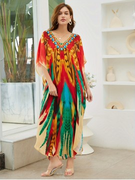 Plus Size Boho Chic Allover Print Loose Kaftan Dress - Relaxed, Comfortable Fit, Flattering V-Neckline, Dramatic Batwing Sleeves, Perfect Coverup for Any Occasion - Designed Exclusively for Women, Plus Size Friendly, Maxi Dress