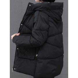 1pc Winter Women'S Casual Hooded Coat, Thickened Cotton Jacket with Zipper, Solid Color Polyester Non-Stretch Regular Length Outerwear