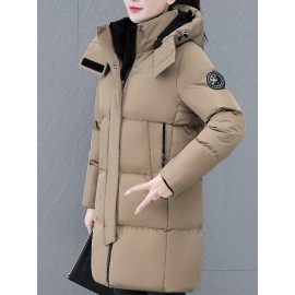 Elegant Plus Size Long Length Hooded Winter Coat with Zipper, 100% Polyester Non-Stretch Casual Style Jacket, Solid Color Warm Padded Outerwear with Regular Sleeves - Winter Collection