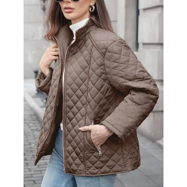 Women's Oversized Polyester Coat, Casual Hug Fit, Small Stand Collar, Long Sleeve, Zipper Closure, Autumn And Winter Warm Coat