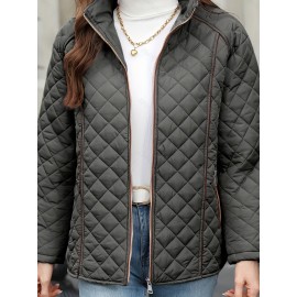 Women's Oversized Polyester Coat, Casual Hug Fit, Small Stand Collar, Long Sleeve, Zipper Closure, Autumn And Winter Warm Coat