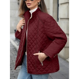 Women's Oversized Polyester Coat, Casual Hug Fit, Small Stand Collar, Long Sleeve, Zipper Closure, Autumn And Winter Warm Coat