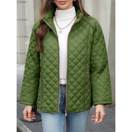 Women's Oversized Polyester Coat, Casual Hug Fit, Small Stand Collar, Long Sleeve, Zipper Closure, Autumn And Winter Warm Coat