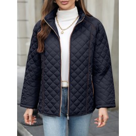 Women's Oversized Polyester Coat, Casual Hug Fit, Small Stand Collar, Long Sleeve, Zipper Closure, Autumn And Winter Warm Coat