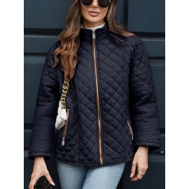 Women's Oversized Polyester Coat, Casual Hug Fit, Small Stand Collar, Long Sleeve, Zipper Closure, Autumn And Winter Warm Coat