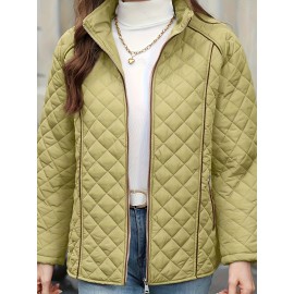 Women's Oversized Polyester Coat, Casual Hug Fit, Small Stand Collar, Long Sleeve, Zipper Closure, Autumn And Winter Warm Coat