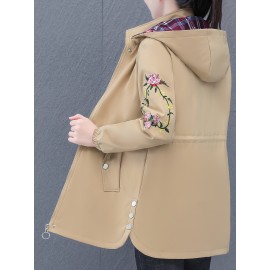 Plus Size Women's Floral Pattern Jacket - Casual Hooded Long Sleeve Outerwear with Zipper Front and Relaxed Fit