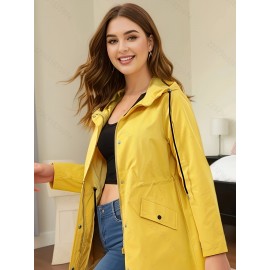 Chic Plus Size Hooded Windbreaker - Casual Solid Color, Drawstring Detail, Machine Washable - Perfect For Spring/Fall