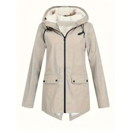 Plus Size Plush Lined Hooded Coat, Warm Long Sleeve Zipper Coat for Winter, Casual Women's Clothing