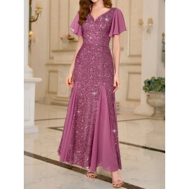 Elegant Sequin Sweetheart Neck Maxi Dress - Bodycon Fit, Micro Elastic Polyester, Puff Sleeves, Solid Color, Hand Wash - Perfect for Party & Banquet, Womens Clothing