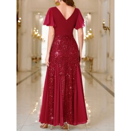 Elegant Sequin Sweetheart Neck Maxi Dress - Bodycon Fit, Micro Elastic Polyester, Puff Sleeves, Solid Color, Hand Wash - Perfect for Party & Banquet, Womens Clothing