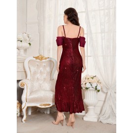 Stunning Sequined Fitted V-Neck Dress - Glamorous Ruffle Trim, Split Hem, Mid-Elastic Polyester Fabric, Elegant Solid Color Design for Wedding, Engagement, Party, and Banquet Occasions