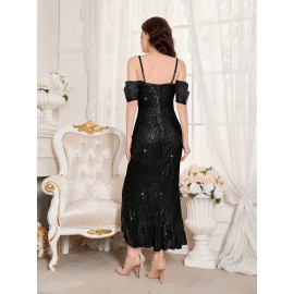 Stunning Sequined Fitted V-Neck Dress - Glamorous Ruffle Trim, Split Hem, Mid-Elastic Polyester Fabric, Elegant Solid Color Design for Wedding, Engagement, Party, and Banquet Occasions