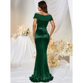 1pc MUXXN Elegant Satin Mermaid Gown for Women - Off the Shoulder Cap Sleeve Bodycon Floor-Length Dress, Solid Color Knit Fabric, All-Season Bodycon for Wedding Bridesmaid