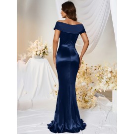 1pc MUXXN Elegant Satin Mermaid Gown for Women - Off the Shoulder Cap Sleeve Bodycon Floor-Length Dress, Solid Color Knit Fabric, All-Season Bodycon for Wedding Bridesmaid