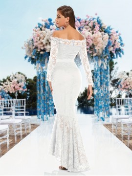 Elegant Off-Shoulder Lace Mermaid Dress for Women - Long Sleeve, Bodycon Fit with Fish Tail Hem, Perfect for Parties & Bridesmaids
