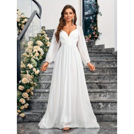 1pc Elegant White Chiffon V-Neck Fitted Wedding Dress for Mother - All-Season Solid Color Woven Gown, Perfect for Adult