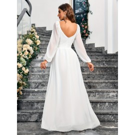 1pc Elegant White Chiffon V-Neck Fitted Wedding Dress for Mother - All-Season Solid Color Woven Gown, Perfect for Adult