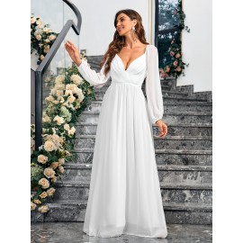1pc Elegant White Chiffon V-Neck Fitted Wedding Dress for Mother - All-Season Solid Color Woven Gown, Perfect for Adult