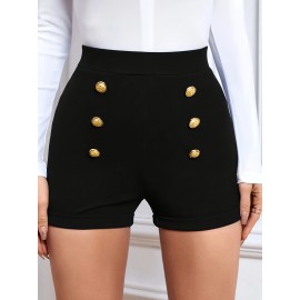 Solid Color High Waist Knitting Shorts, Casual Button Front Skinny Shorts For Every Day, Women's Clothing