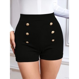 High Waist Womens Shorts - Fashionable Solid Color with Eye-Catching Buttons - Comfy Casual Style for Everyday Wear - A Trendy Closet Essential