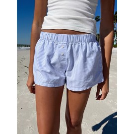 Stripe Print Elastic Waist Shorts, Casual Button Decor Shorts For Summer & Spring, Women's Clothing