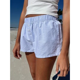 Stripe Print Elastic Waist Shorts, Casual Button Decor Shorts For Summer & Spring, Women's Clothing