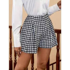 Elegant Women'S Houndstooth Shorts, Polyester Blend, Pleated High-Waisted Shorts, Woven Fabric, for Spring/Summer/Fall